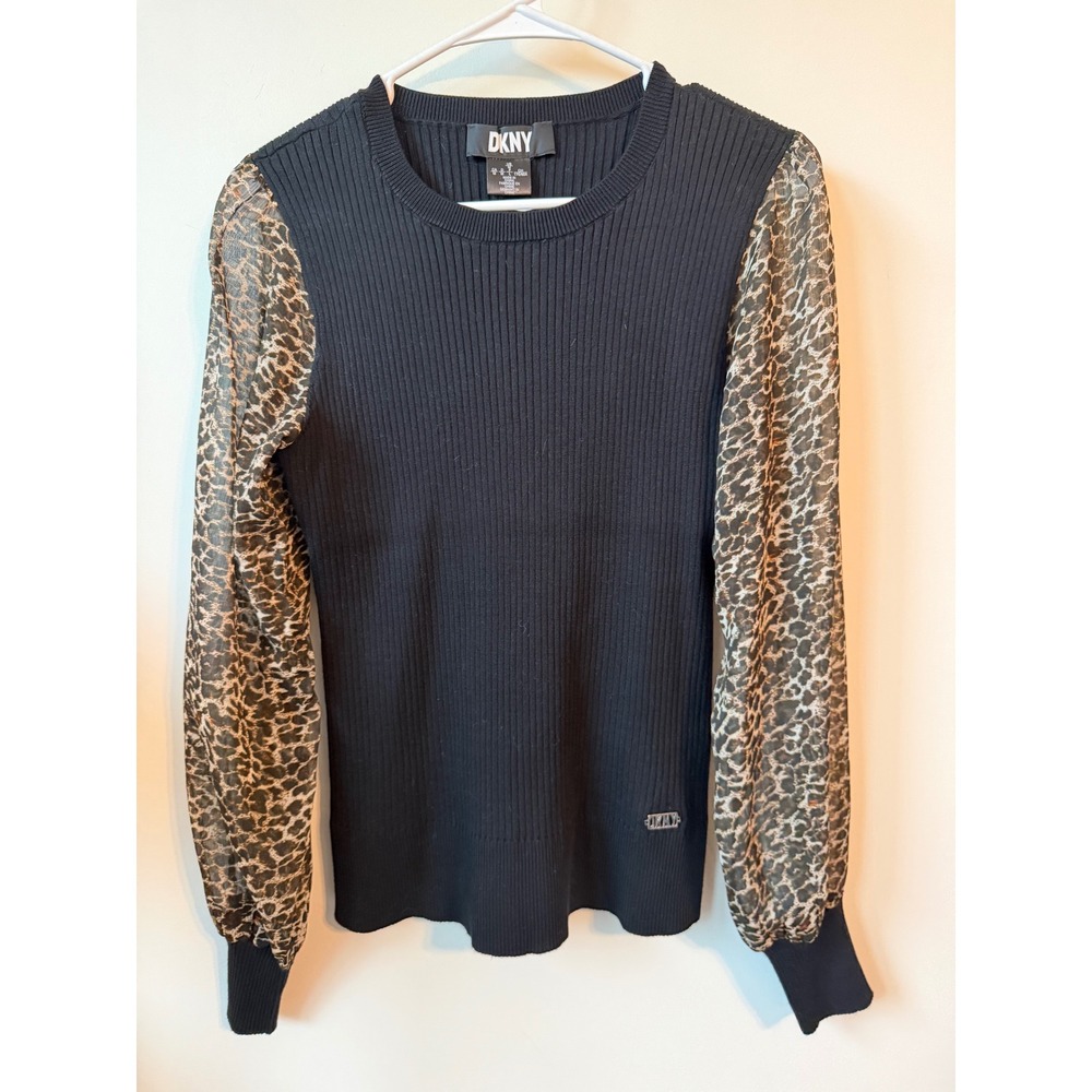 DKNY Womens Ribbed Knit Sweater Leopard Sheer Mesh Puff Sleeve Black Medium